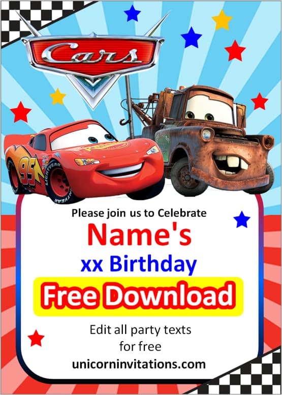 disney pixar cars invitation template