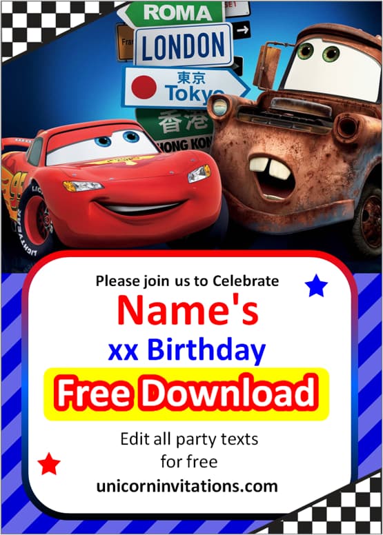 disney cars birthday invitation template free