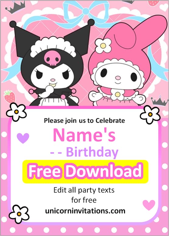 kuromi and my melody invitation template editable