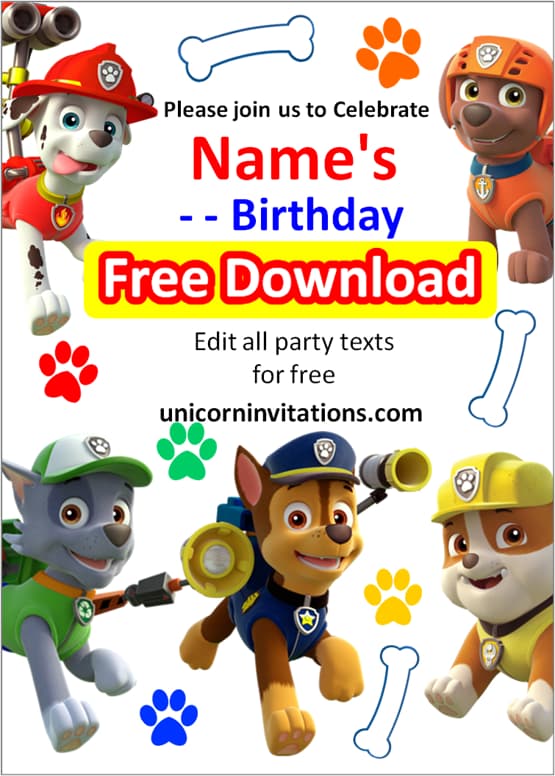 paw patrol invitation template free editable