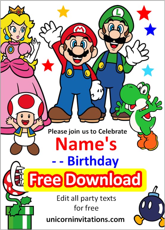 mario and peach birthday invitation